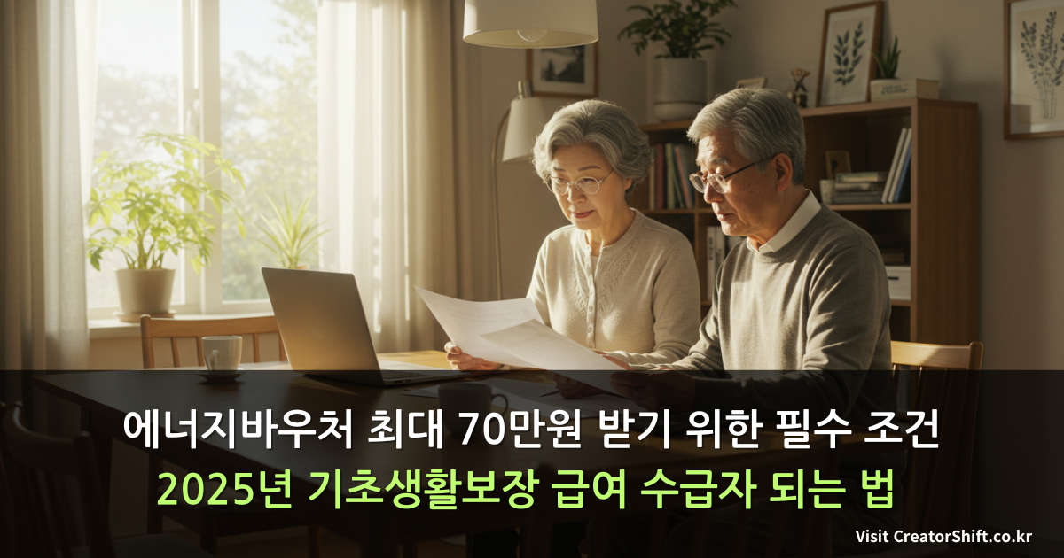 2025년 기초생활보장 급여 신청서를 집에서 함께 검토하고 작성하는 시니어 부부의 모습