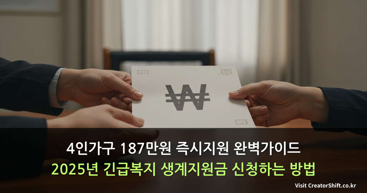 나무 책상 위에서 원화 기호가 적힌 종이를 전달하는 두 손의 모습, 정부 복지 지원을 상징하는 이미지