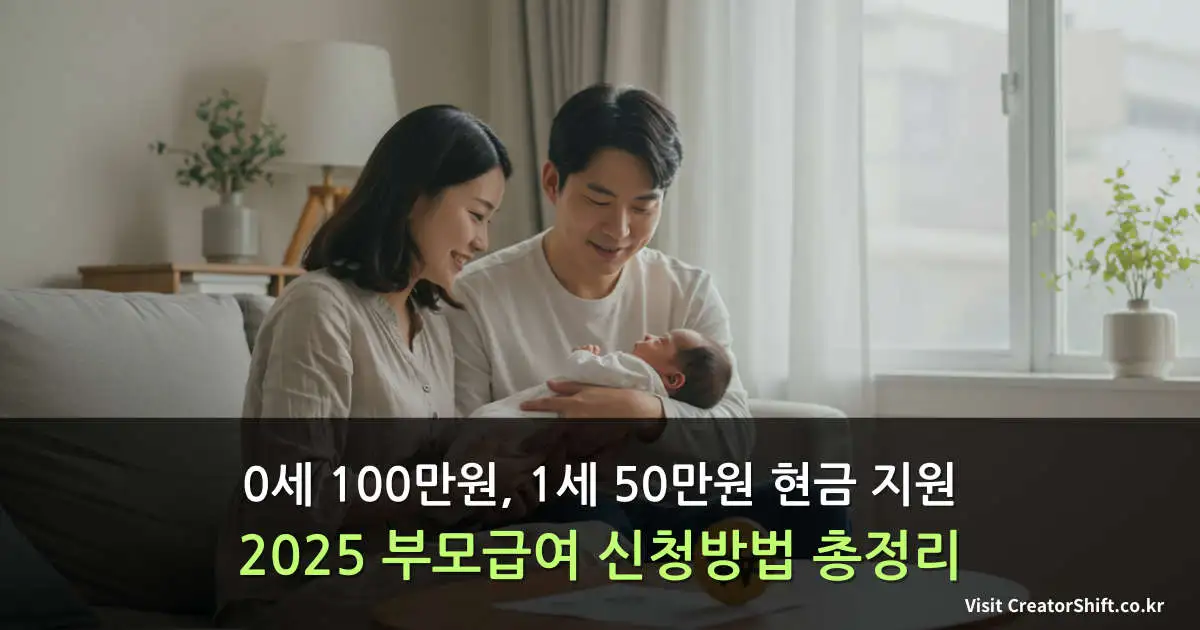 2025년 부모급여 신청 안내 - 한국 부모가 신생아를 안고 있는 모습, 0세 월 100만원, 1세 월 50만원 현금 지원 정보가 표시된 이미지