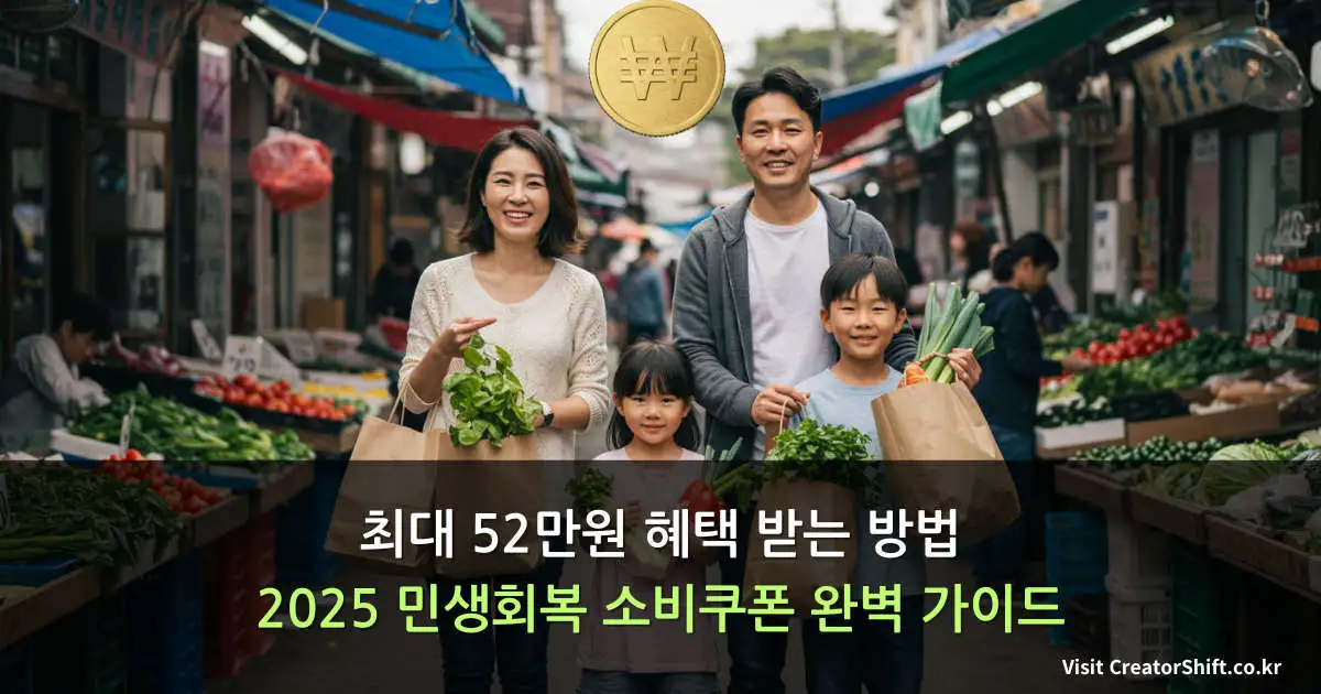 2025년 민생회복 소비쿠폰으로 전통시장에서 장보는 한국 가족 4명이 신선한 채소와 과일을 고르며 쇼핑백을 들고 있는 모습