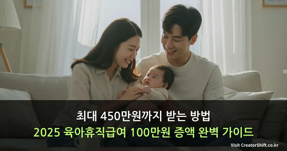 2025년 육아휴직급여 인상 혜택을 받는 한국 부부가 거실에서 신생아와 함께 행복한 시간을 보내는 모습