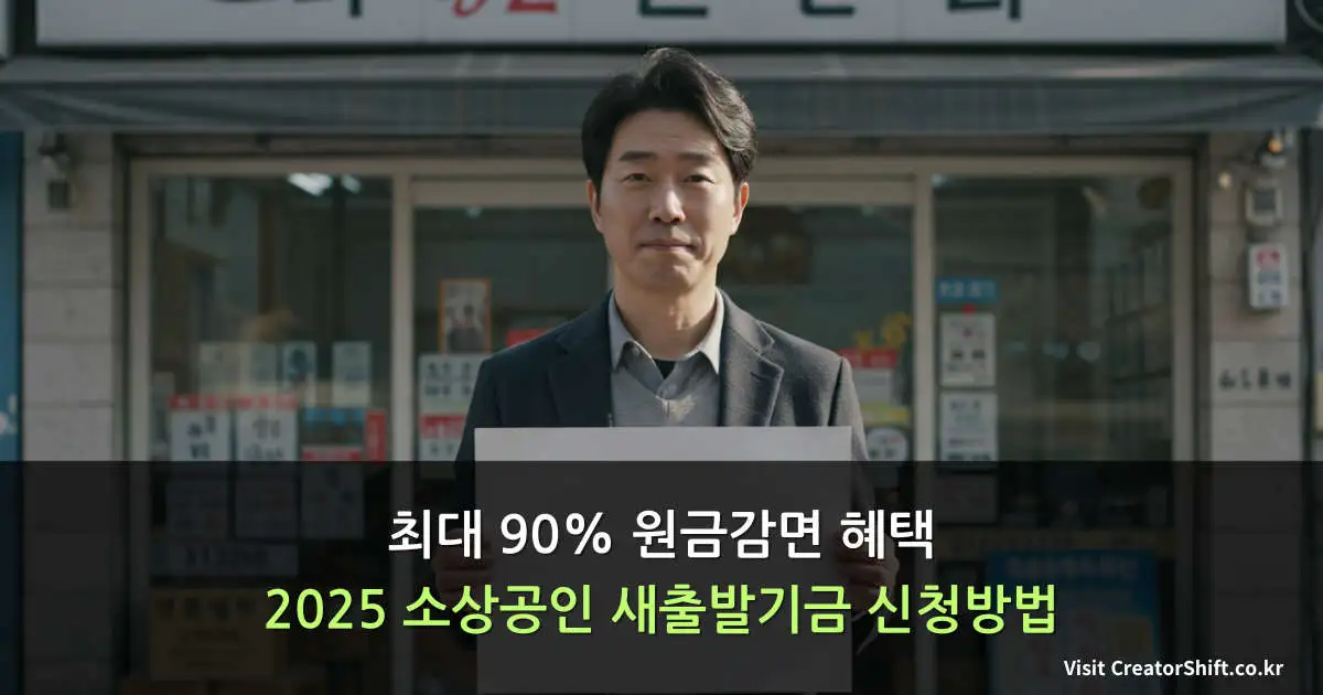 2025년 새출발기금 혜택을 받는 한국 소상공인이 상점 앞에서 희망적인 표정으로 서류를 들고 있는 모습