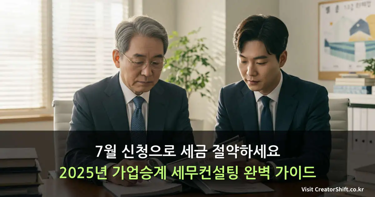 가업승계 세무컨설팅 상담 중인 한국 중소기업 대표와 후계자가 사무실에서 재무 서류를 검토하고 있는 모습