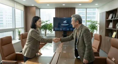 사무실에서 웃으며 악수하는 시니어 근로자와 기업 대표의 모습 — 2026년 고령자 계속고용장려금 제도의 상생 혜택과 긍정적인 파트너십 상징