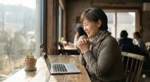 노트북을 통해 2026년 새출발기금 채무조정 혜택을 확인하며 안도하는 한국 소상공인 모습