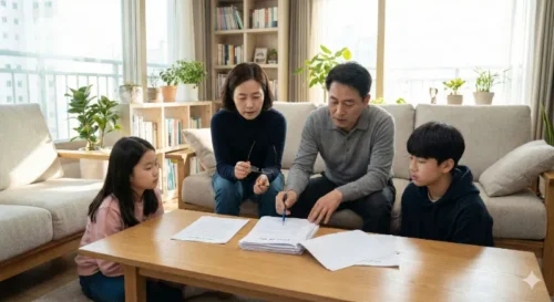 대출 서류를 검토하는 4인 가족