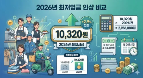 2026년 최저임금 1만320원 인상 안내 인포그래픽 - 시급 2.9% 상승, 월 환산액 215만6,880원을 보여주는 다양한 업종 근로자들