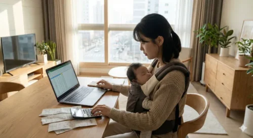 아기를 안고 재무 계획을 세우는 엄마