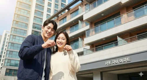 새 아파트 열쇠를 들고 있는 젊은 부부