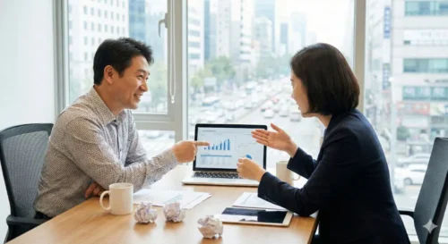 희망리턴패키지 전문 컨설턴트와 마주 앉아 재창업 전략과 경영 컨설팅을 받고 있는 소상공인의 희망찬 모습. 세무, 법률, 재기 전략에 대한 전문적인 조언을 듣고 있다.