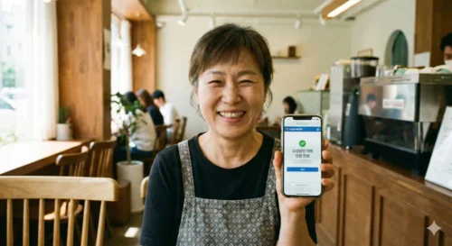 자신의 매장에서 스마트폰으로 2026년 근로장려금을 성공적으로 신청하며 활짝 웃고 있는 한국인 소상공인 사장님의 모습