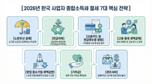 2026년 개인사업자 종합소득세 절세 전략 7가지 핵심 항목을 정리한 인포그래픽 - 노란우산공제, 연금저축, 적격증빙 관리, 고용증대 세액공제 등 포함