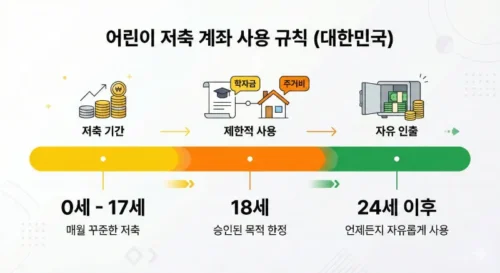 디딤씨앗통장 사용 시기별 조건 인포그래픽 - 만 18세 자립용도 제한, 만 24세 자유인출 가능 타임라인 차트