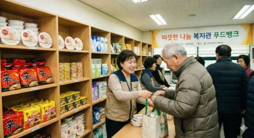 그냥드림센터 내부 - 먹거리와 생필품이 진열된 푸드뱅크 코너에서 음식을 무료로 받는 모습