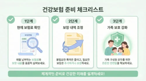 건강보험료 절약 준비 체크리스트 인포그래픽 - 보험료 확인 조정신청 피부양자 자격 점검 3단계 가이드