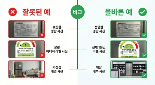 소상공인 고효율기기 환급 반려 방지 사진 촬영 가이드 올바른 예시와 잘못된 예시 비교