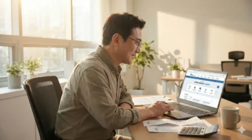 사업자가 홈택스에서 부가세 환급을 신청하는 모습 - 노트북 화면에 부가가치세 정기신고 페이지가 열려 있고 책상 위에 세금계산서와 계산기가 놓여 있다