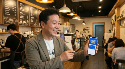 소상공인 바우처 25만원을 스마트폰으로 신청하는 카페 사장님의 모습