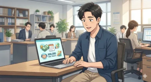 2026년 구직촉진수당 60만원 인상 소식을 확인하는 취업준비생 일러스트