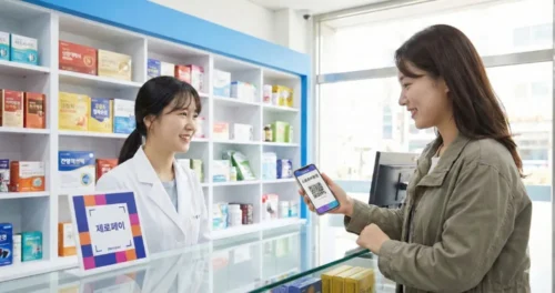 튼튼머니 제로페이 스포츠상품권으로 약국에서 결제하는 여성