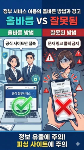 민생지원금 3차 보이스피싱 예방 가이드 - 공식 사이트 접속과 문자 링크 클릭 금지를 비교한 경고 인포그래픽